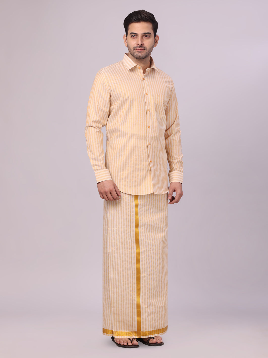 Men's Tissue Stripes Gold Shirt & Jari Border Dhoti Wedding Combo Finely side pose
