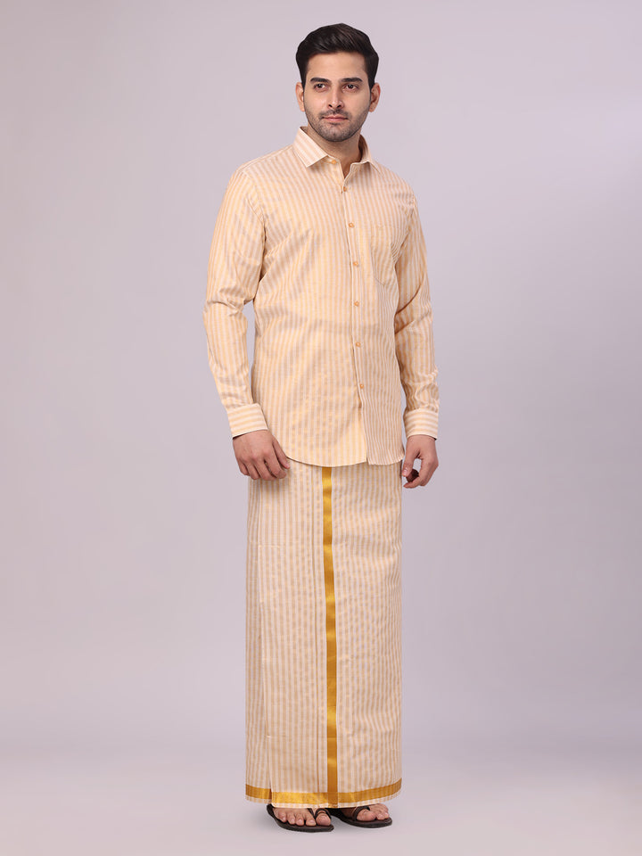 Men's Tissue Stripes Gold Shirt & Jari Border Dhoti Wedding Combo Finely side pose