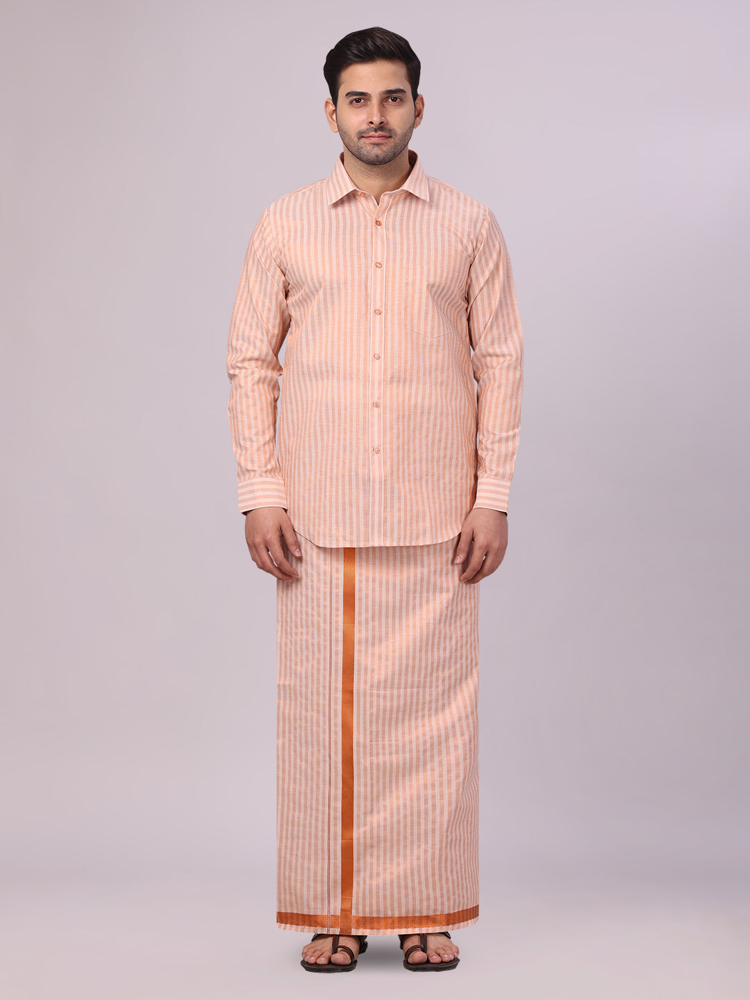 Mens Tissue Stripes Copper Shirt & Jari Border Dhoti Wedding Combo Finely