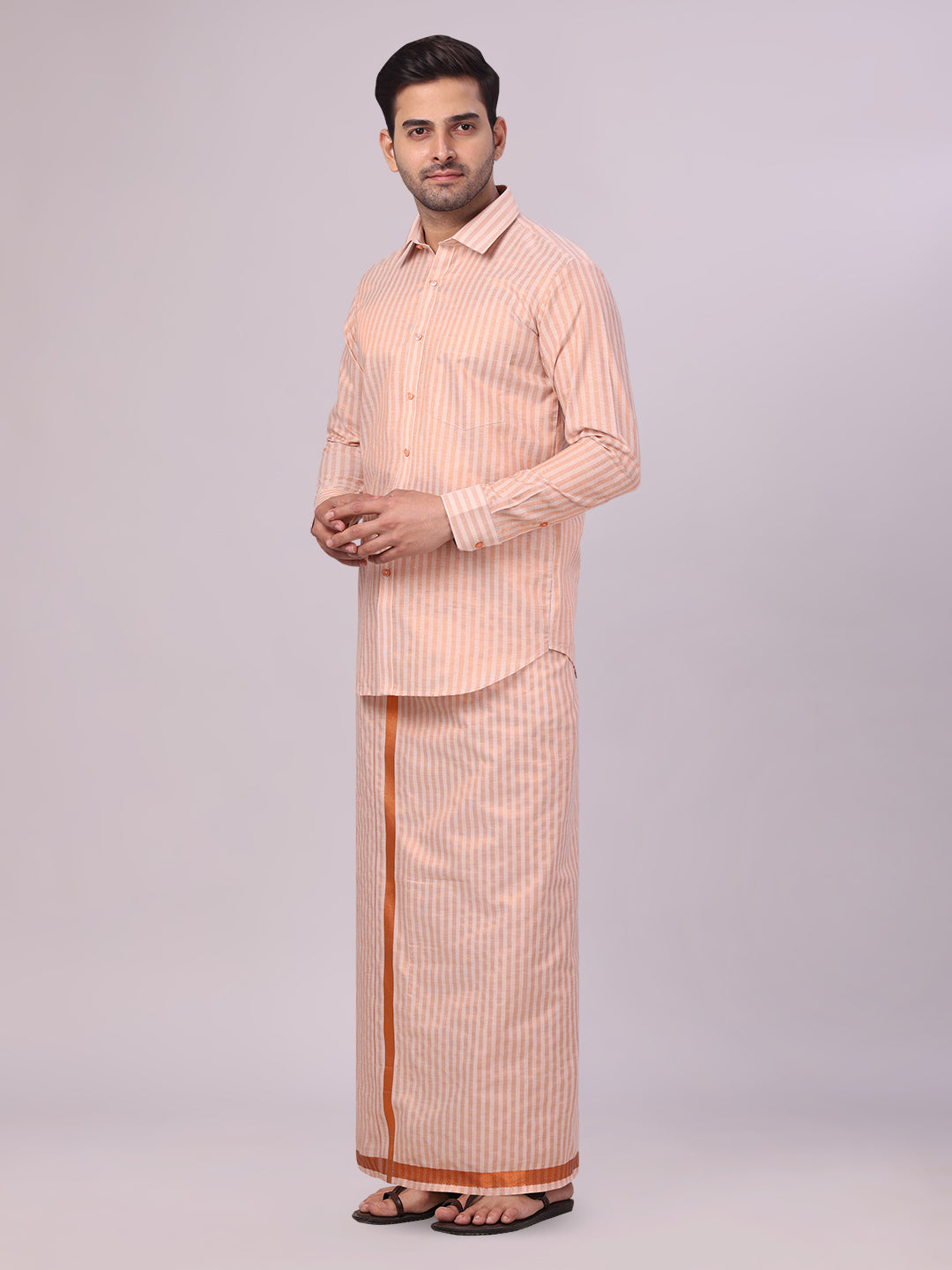 Men's Tissue Stripes Copper Shirt & Jari Border Dhoti Wedding Combo Finely side pose