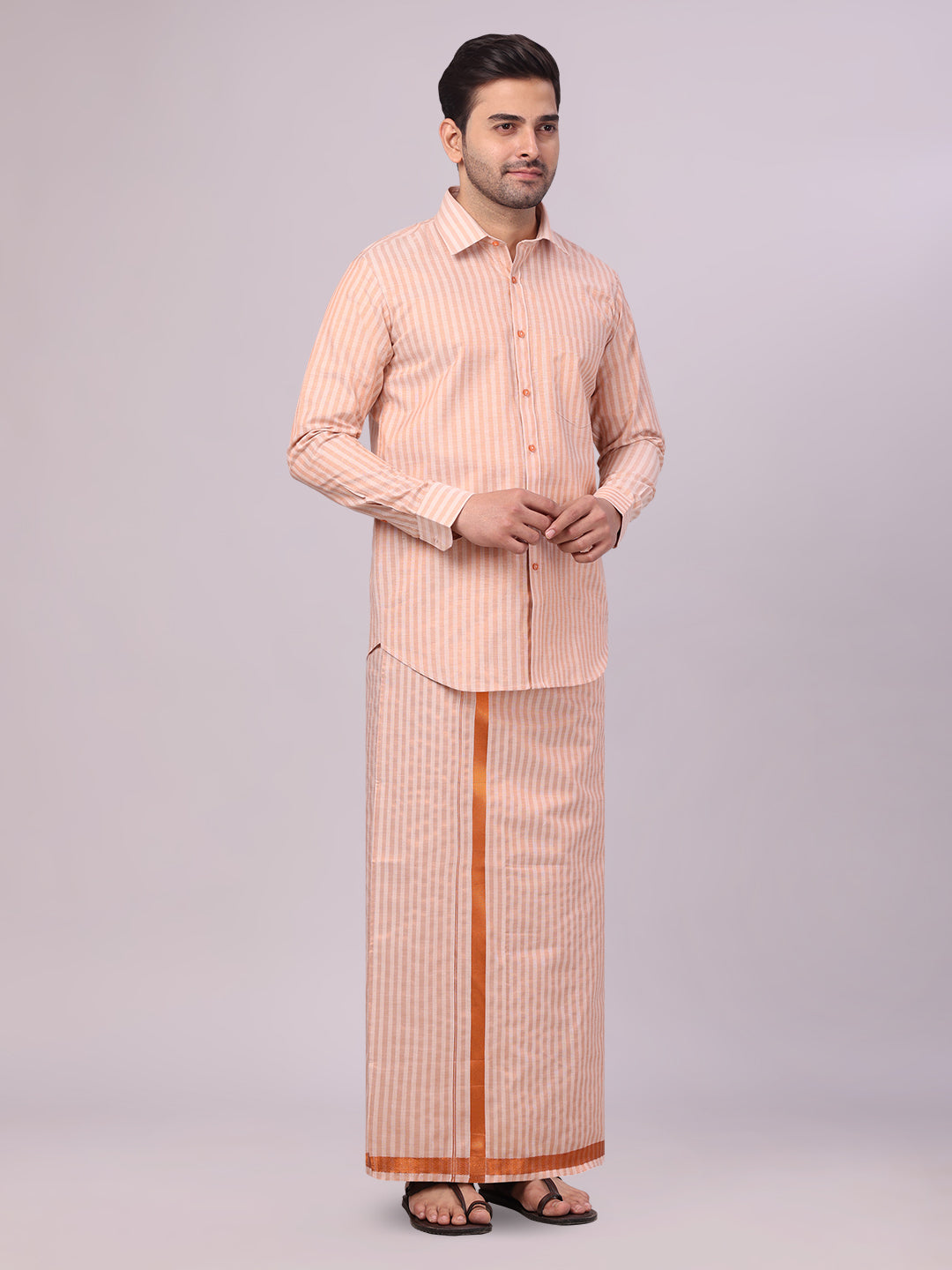 Mens Tissue Stripes Copper Shirt & Jari Border Dhoti Wedding Combo Finely