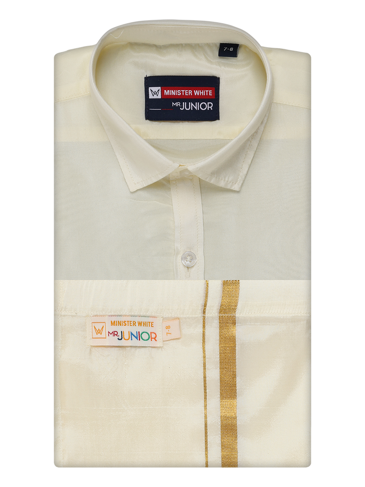 Boys Cream Gold Matching Art Silk Shirt and Flexi Dhoti Combo Poppins by Minister White