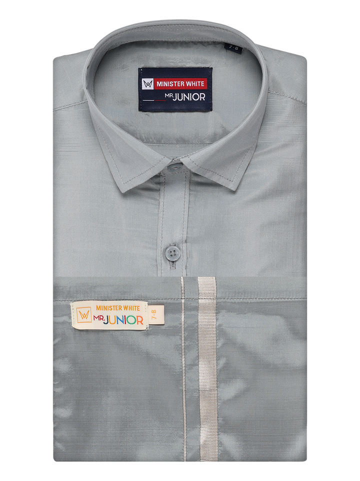 Boys Steel Grey Matching Art Silk Shirt and Flexi Dhoti Combo Poppins by Minister White