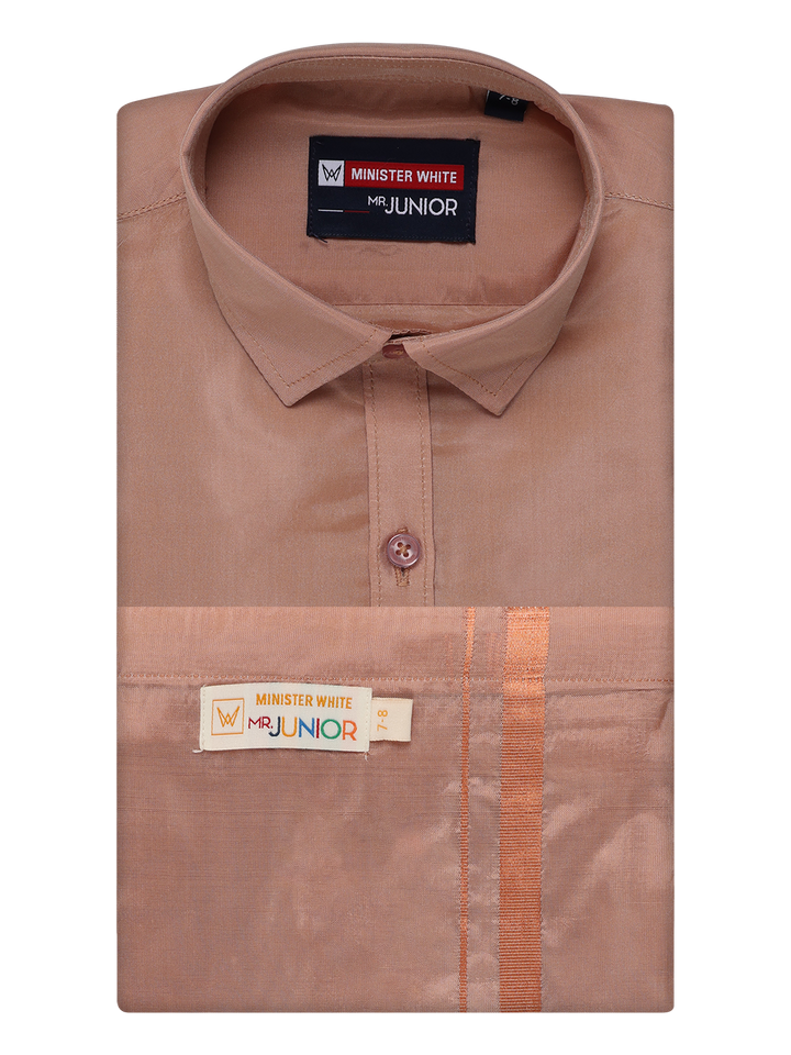 Boys Dark Copper Matching Art Silk Shirt and Flexi Dhoti Combo Poppins By Minister White