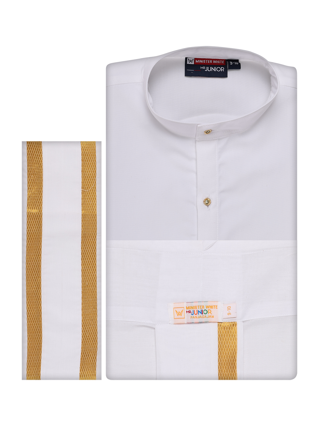 Boys Cotton White Kurta Readymade Panchakacham Combo with Gold Jari Border Sarman by Minister White 1