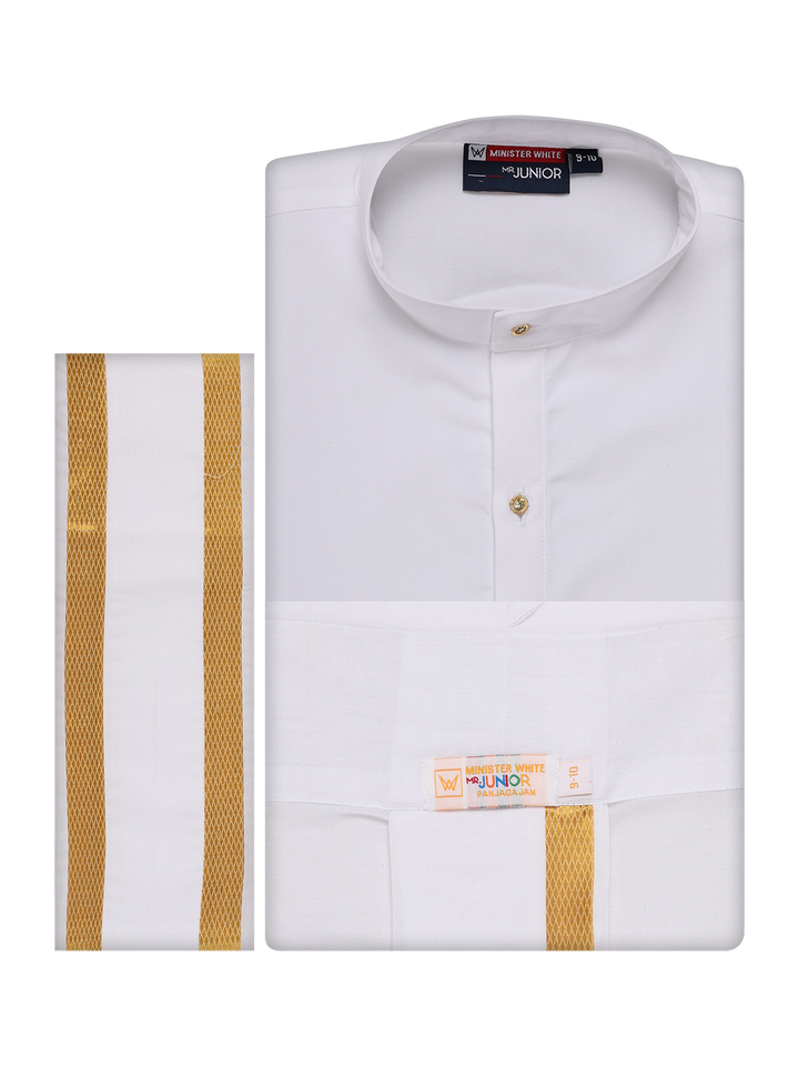 Boys Cotton White Kurta Readymade Panchakacham Combo with Gold Jari Border Sarman by Minister White 1