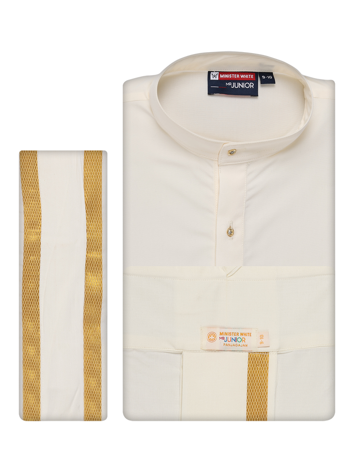 Boys Cotton Cream Kurta Readymade Panchakacham Combo with Gold Jari Border Champak by Minister White 1