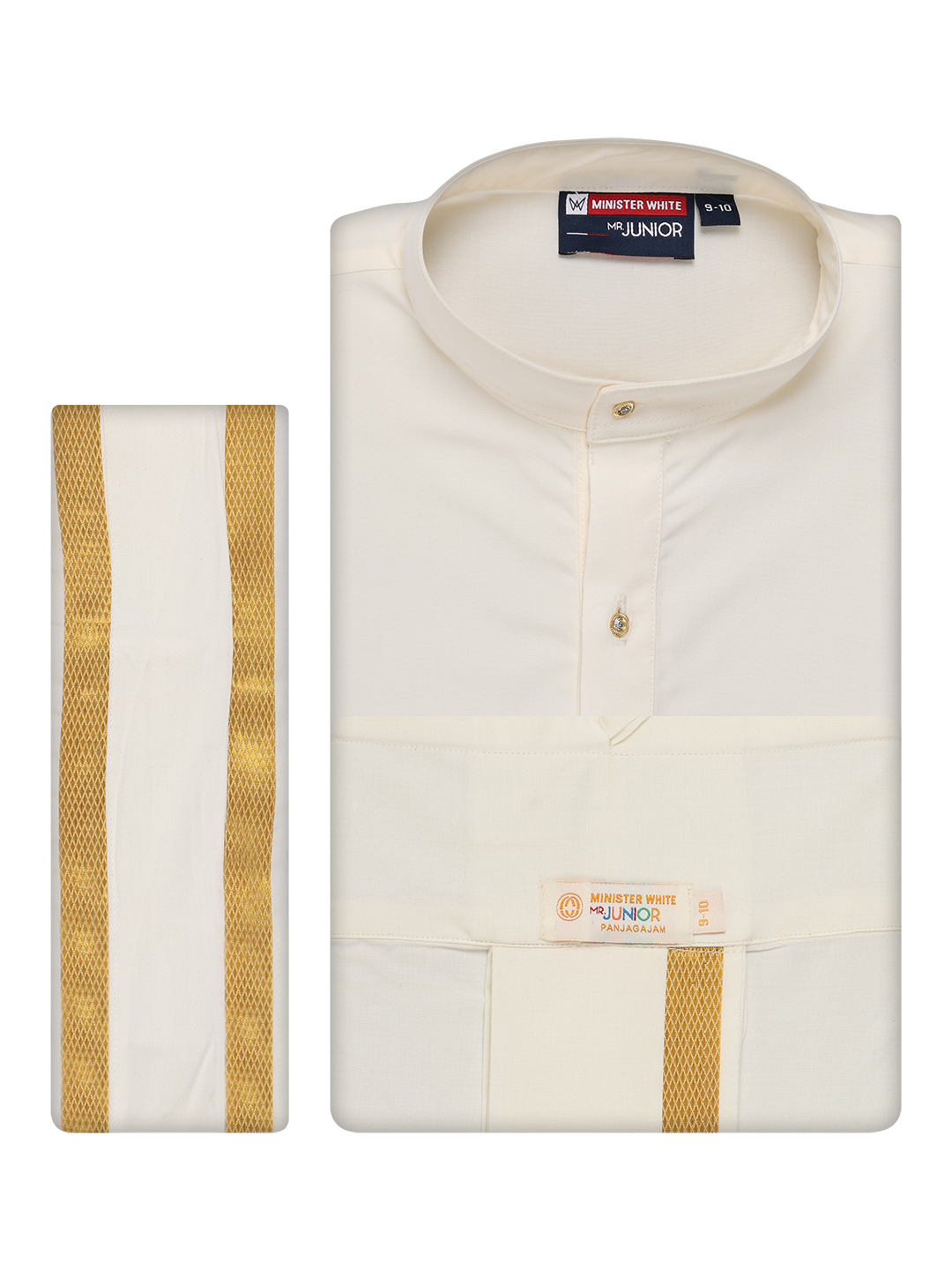 Boys Cotton Cream Kurta Readymade Panchakacham Combo with Gold Jari Border Champak by Minister White 1