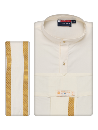 Boys Cotton Cream Kurta Readymade Panchakacham Combo with Gold Jari Border Champak by Minister White 1