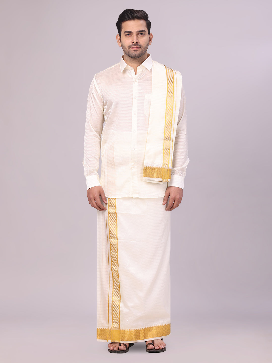 Mens Art Silk Cream Jacquard Full Sleeves Shirt with 2 1/2" Jari Border & Towel Dhoti Combo Nautica
