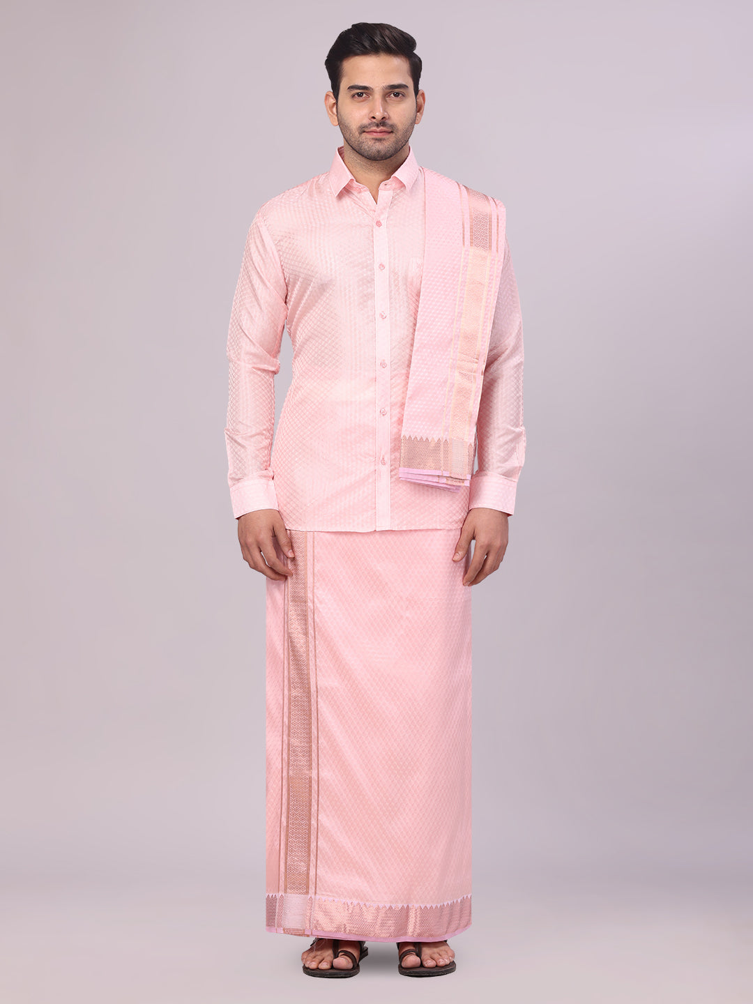 Men's Art Silk Pink Jacquard Full Sleeves Shirt with 2 1/2" Jari Border & Towel Dhoti Combo Nautica