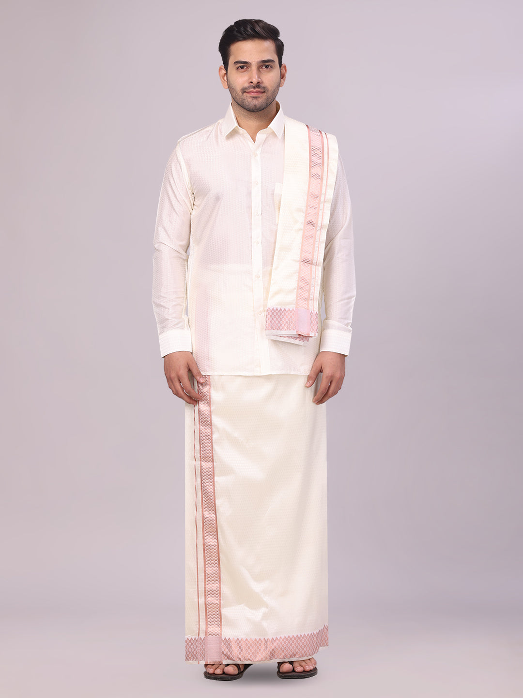 Men's Art Silk Cream Jacquard Full Sleeves Shirt with 2 1/2" Copper Jari Border & Towel Dhoti Combo Nautica