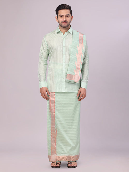 Men's Art Silk Pista Jacquard Full Sleeves Shirt with 2 1/2" Jari Border & Towel Dhoti Combo Nautica