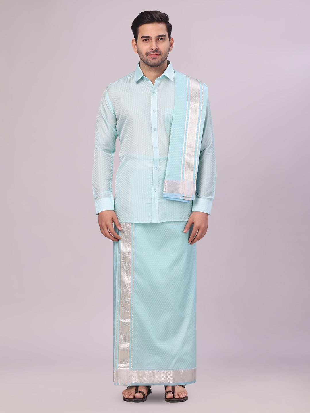 Men's Art Silk Sea Green Jacquard Full Sleeves Shirt with 2 1/2" Jari Border & Towel Dhoti Combo Nautica