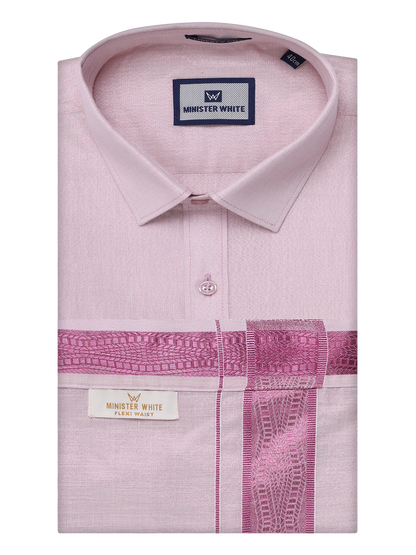 Mens Tissue Rose Shirt with Jacquard Fancy Border Flexi Dhoti Wedding Combo Nios by Minister White