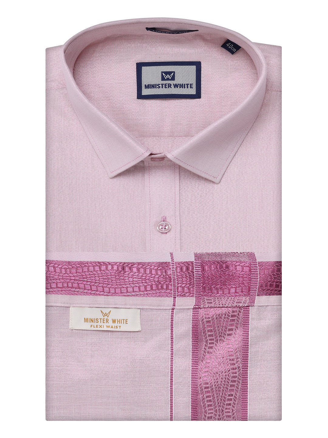 Mens Tissue Rose Shirt with Jacquard Fancy Border Flexi Dhoti Wedding Combo Nios by Minister White