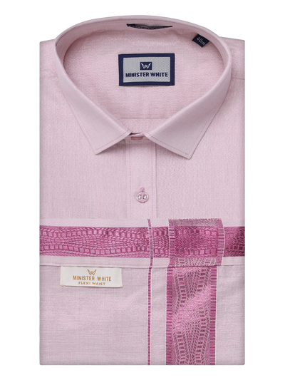 Mens Tissue Rose Shirt with Jacquard Fancy Border Flexi Dhoti Wedding Combo Nios by Minister White