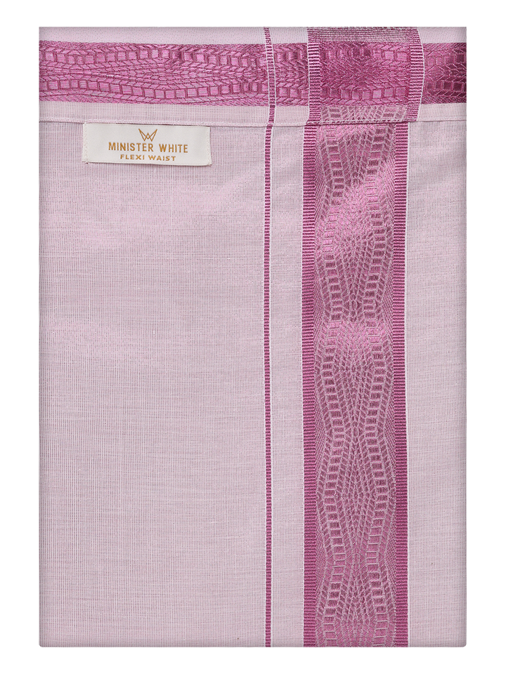 Mens Tissue Rose Color Jacquard Fancy Border Flexi Dhoti by Minister White