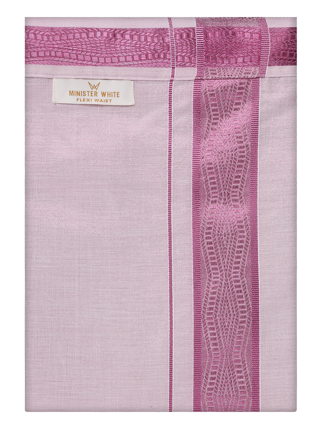 Mens Tissue Rose Color Jacquard Fancy Border Flexi Dhoti by Minister White