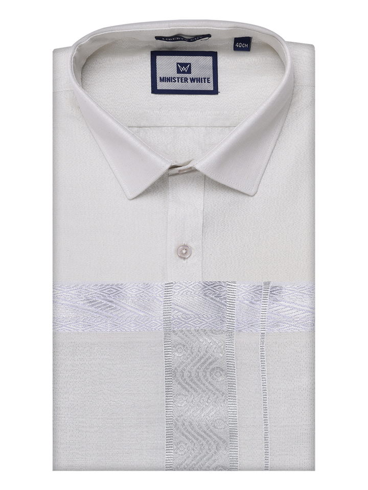 Mens Tissue Silver Shirt with Jacquard Fancy Border Dhoti Wedding Combo Nios by Minister White