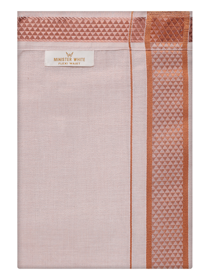 Mens Tissue Copper Color Jacquard Fancy Border Flexi Dhoti by Minister White