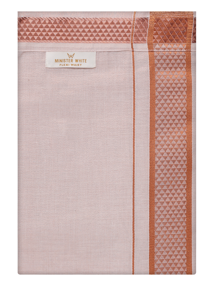 Mens Tissue Copper Color Jacquard Fancy Border Flexi Dhoti by Minister White