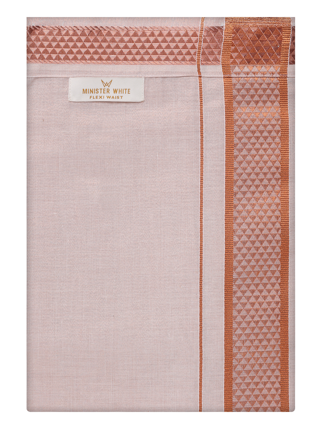 Mens Tissue Copper Color Jacquard Fancy Border Flexi Dhoti by Minister White