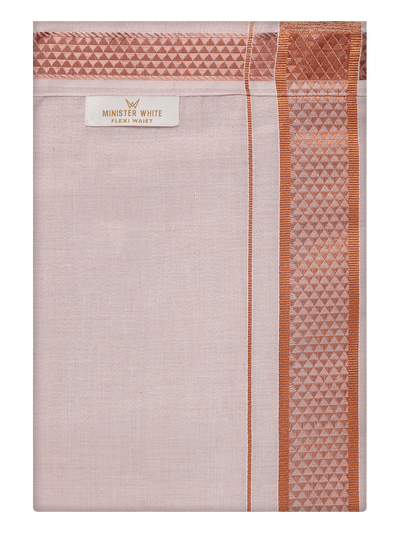 Mens Tissue Copper Color Jacquard Fancy Border Flexi Dhoti by Minister White