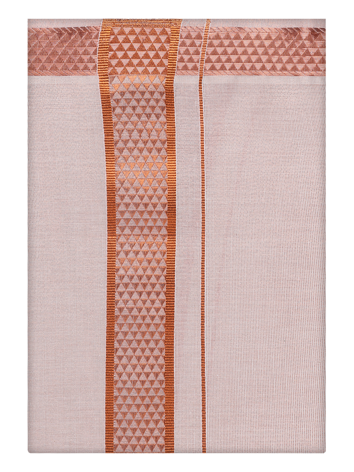 Mens Tissue Copper Color Jacquard Fancy Border Dhoti by Minister White