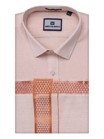 Mens Tissue Copper Shirt with Jacquard Fancy Border Dhoti Wedding Combo Nios by Minister White