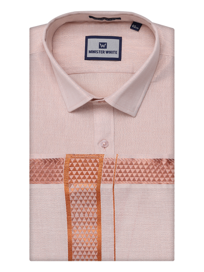 Mens Tissue Copper Shirt with Jacquard Fancy Border Dhoti Wedding Combo Nios by Minister White