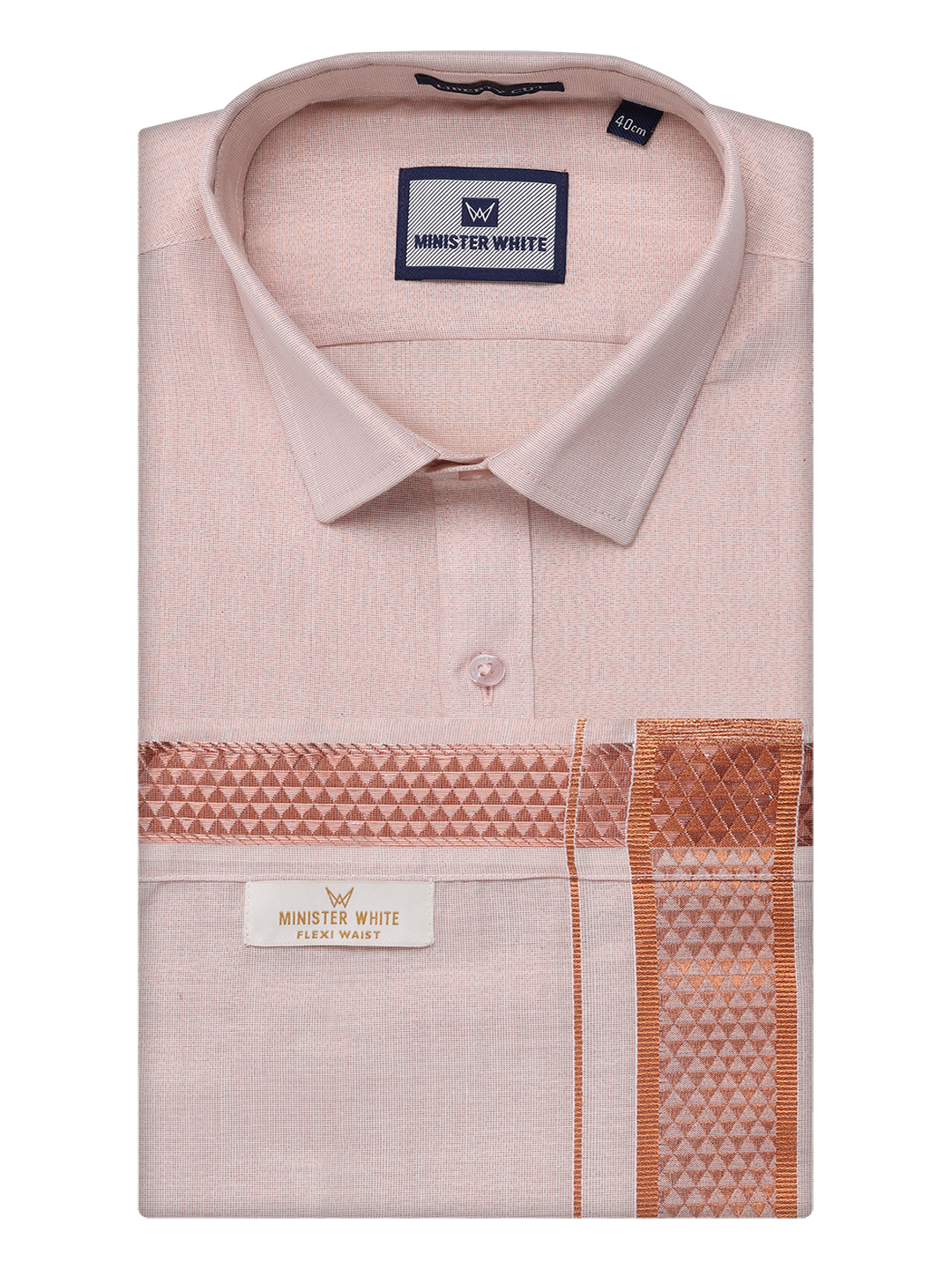 Mens Tissue Copper Shirt with Jacquard Fancy Border Flexi Dhoti Wedding Combo Nios by Minister White