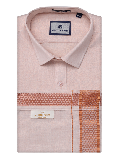 Mens Tissue Copper Shirt with Jacquard Fancy Border Flexi Dhoti Wedding Combo Nios by Minister White