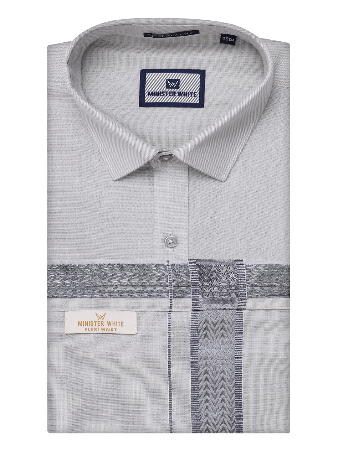 Mens Tissue Grey Shirt with Jacquard Fancy Border Flexi Dhoti Wedding Combo Nios by Minister White