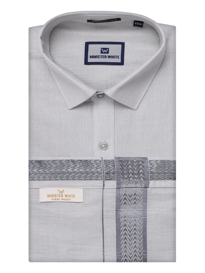 Mens Tissue Grey Shirt with Jacquard Fancy Border Flexi Dhoti Wedding Combo Nios by Minister White