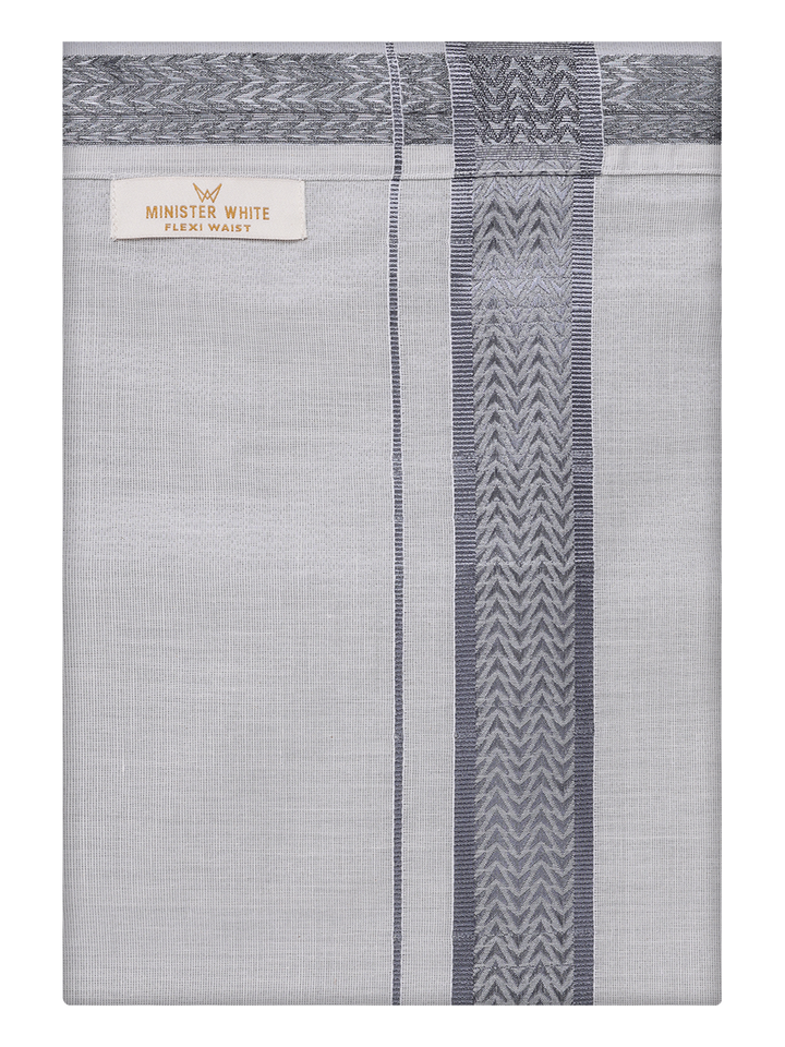 Mens Tissue Grey Color Jacquard Fancy Border Flexi Dhoti by Minister White