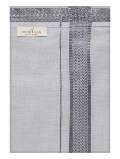 Mens Tissue Grey Color Jacquard Fancy Border Flexi Dhoti by Minister White