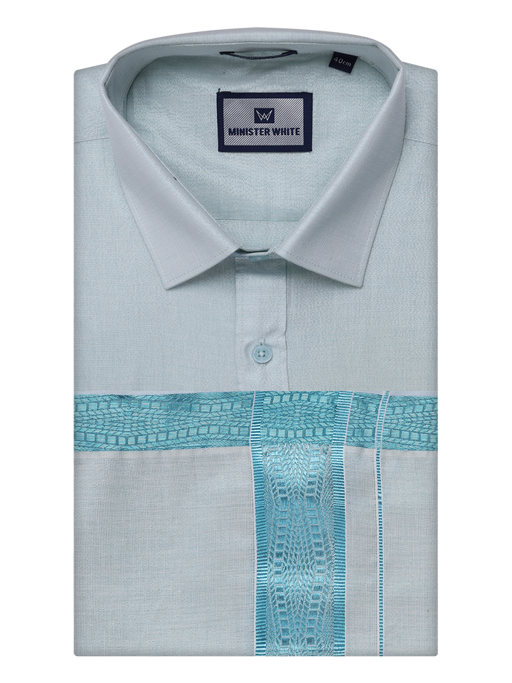 Mens Tissue Mint Blue Shirt with Jacquard Fancy Border Dhoti Wedding Combo Nios by Minister White