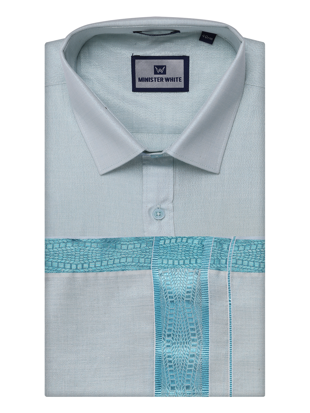 Mens Tissue Mint Blue Shirt with Jacquard Fancy Border Dhoti Wedding Combo Nios by Minister White