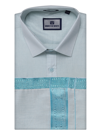 Mens Tissue Mint Blue Shirt with Jacquard Fancy Border Dhoti Wedding Combo Nios by Minister White