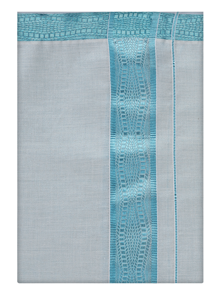 Mens Tissue Mint Blue Jacquard Fancy Border Dhoti by Minister White