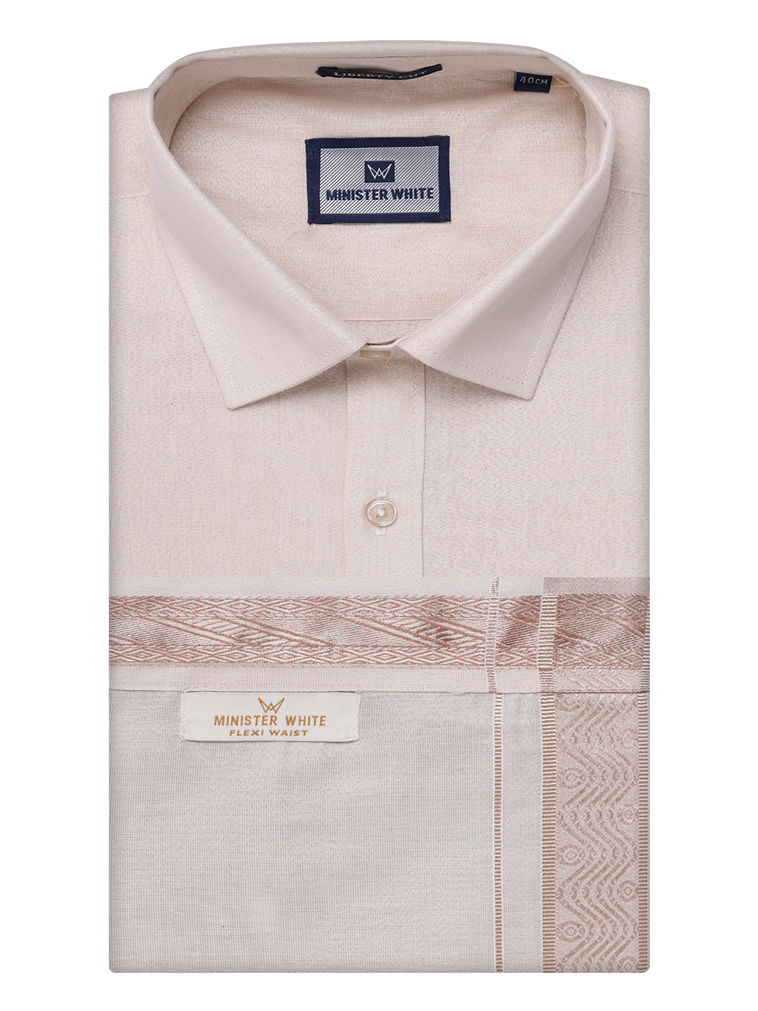 Mens Tissue Light Copper Shirt with Jacquard Fancy Border Flexi Dhoti Wedding Combo Nios by Minister White