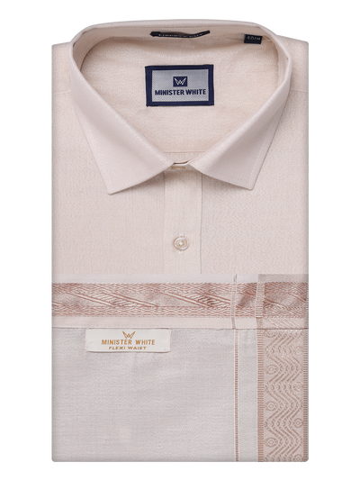 Mens Tissue Light Copper Shirt with Jacquard Fancy Border Flexi Dhoti Wedding Combo Nios by Minister White