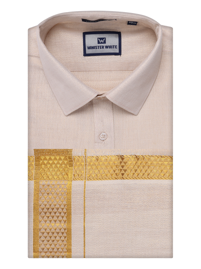 Mens Tissue Gold Shirt with Jacquard Fancy Border Dhoti Wedding Combo Nios by Minister White