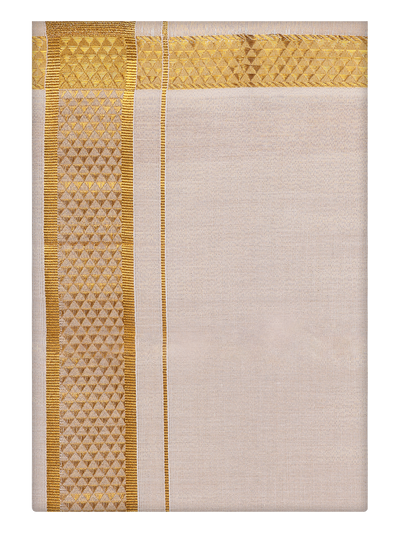 Mens Tissue Gold Color Jacquard Fancy Border Dhoti by Minister White