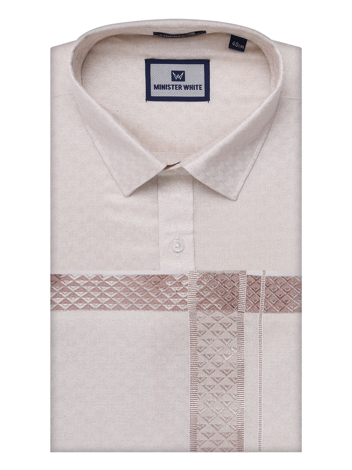 Mens Almond Tissue Jacquard Shirt with Matching Dhoti Combo Zeebra by Minister White