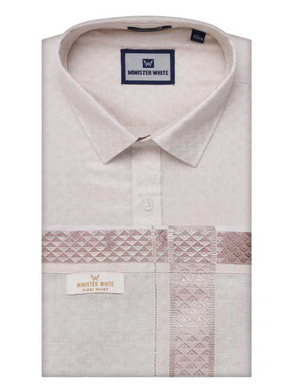 Mens Almond Tissue Jacquard Shirt with Matching Flexi Dhoti Combo Zeebra by Minister White