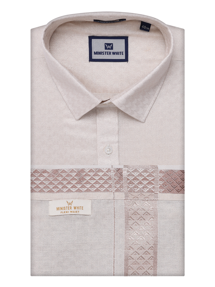 Mens Almond Tissue Jacquard Shirt with Matching Flexi Dhoti Combo Zeebra by Minister White