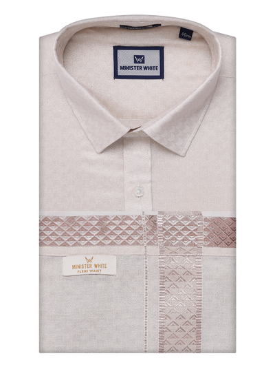 Mens Almond Tissue Jacquard Shirt with Matching Flexi Dhoti Combo Zeebra by Minister White