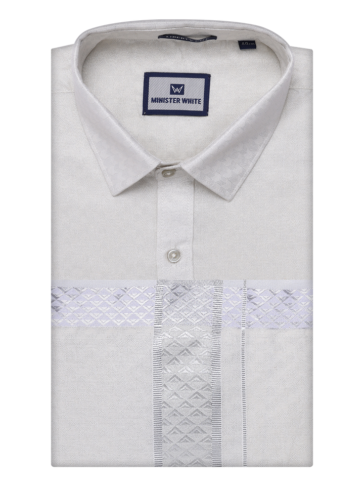 Mens Silver Colour Jacquard Shirt with Matching Dhoti Combo Zeebra by Minister White